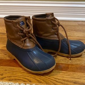 Kids sperry Port Boot duck boots size 12 M navy and brown rubber and leather